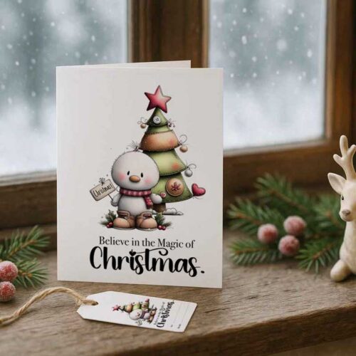 Weihnachtskarte und Geschenkanhänger „Believe in the Magic of Christmas“ Wintermotiv zum Ausdrucken