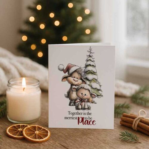 Weihnachtskarte „Together is the Merriest Place to Be“ Wintermotiv zum Ausdrucken