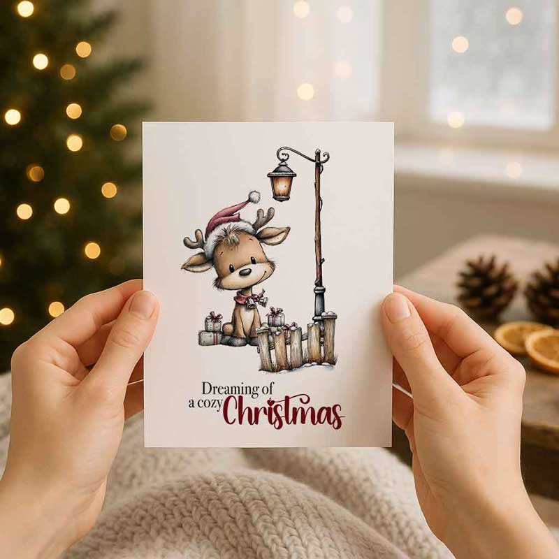 Weihnachtskarte „Dreaming of a Cozy Christmas“ – niedliches Rehkitz-Motiv zum Ausdrucken – Bild 4