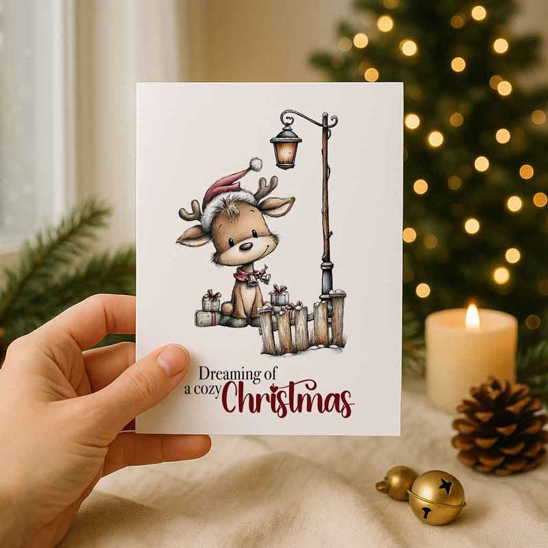 Weihnachtskarte „Dreaming of a Cozy Christmas“ – niedliches Rehkitz-Motiv zum Ausdrucken – Bild 3