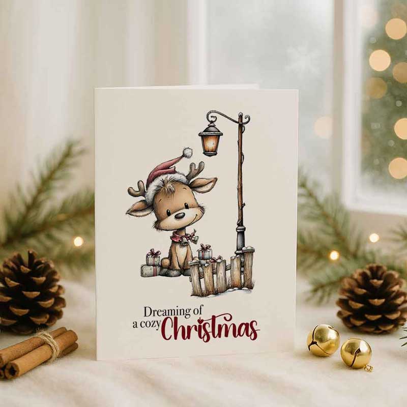 Weihnachtskarte „Dreaming of a Cozy Christmas“ – niedliches Rehkitz-Motiv zum Ausdrucken – Bild 2