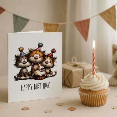 Geburtstagskarte „Happy Birthday“ Katzenfamilie | Karte zum Ausdrucken